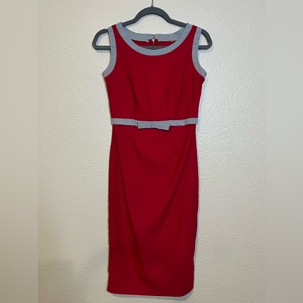Pinup Couture Red Dress with Gray Trim